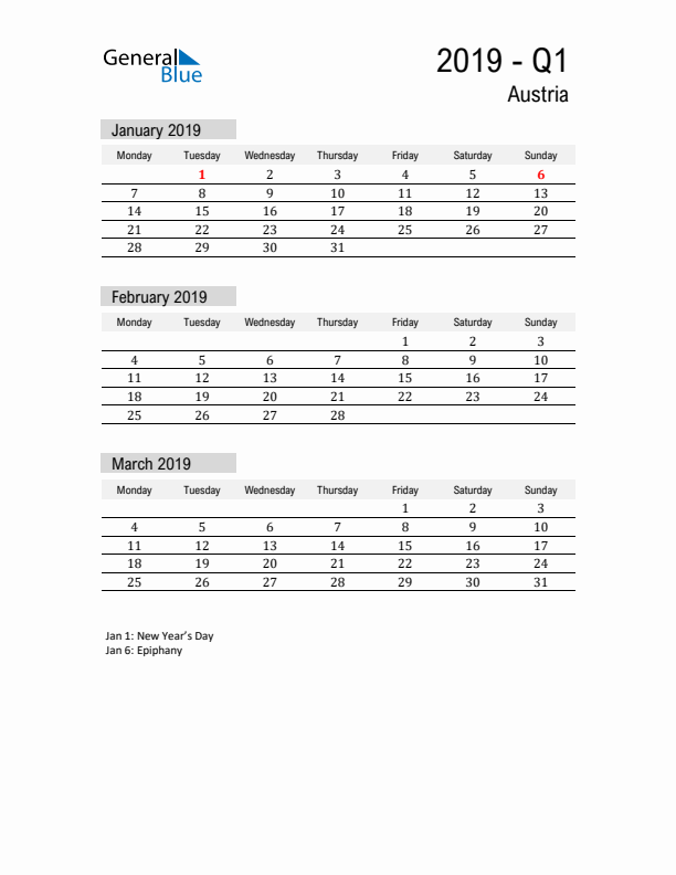 Austria Quarter 1 2019 Calendar with Holidays