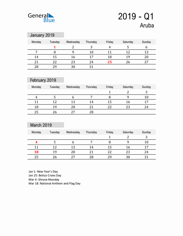 Aruba Quarter 1 2019 Calendar with Holidays