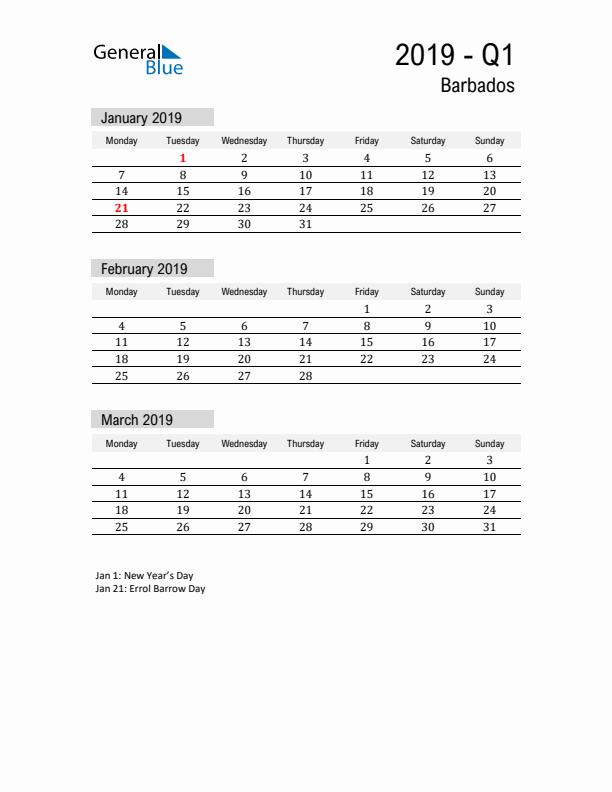 Barbados Quarter 1 2019 Calendar with Holidays