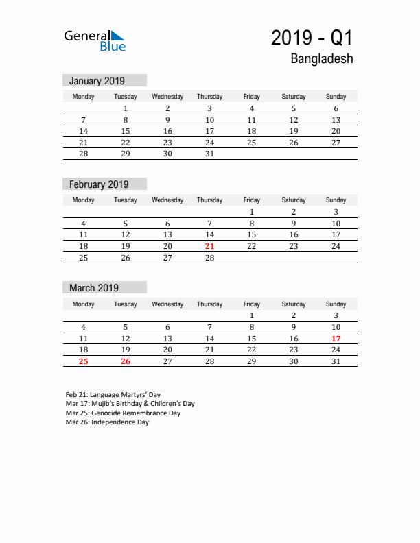 Bangladesh Quarter 1 2019 Calendar with Holidays