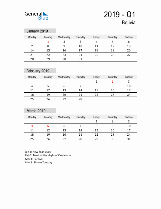 Bolivia Quarter 1 2019 Calendar with Holidays