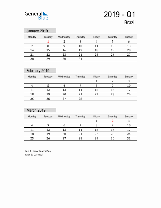 Brazil Quarter 1 2019 Calendar with Holidays