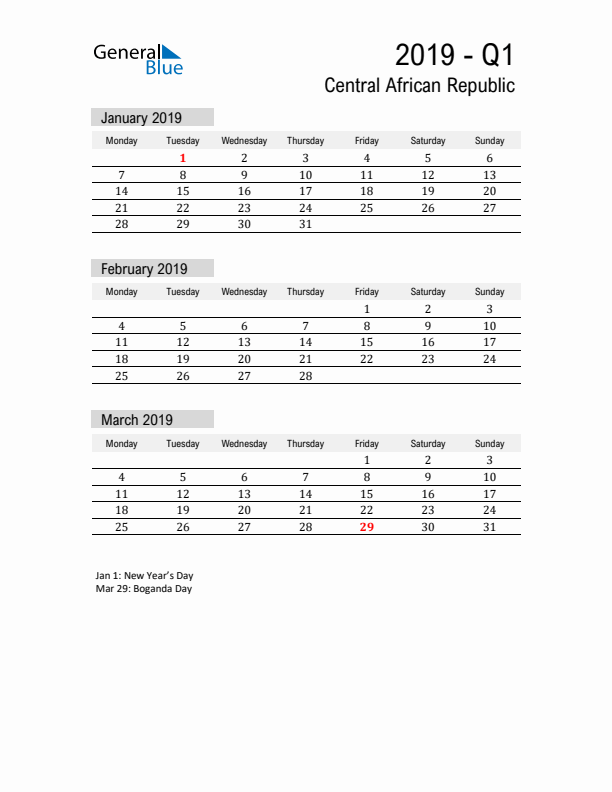 Central African Republic Quarter 1 2019 Calendar with Holidays