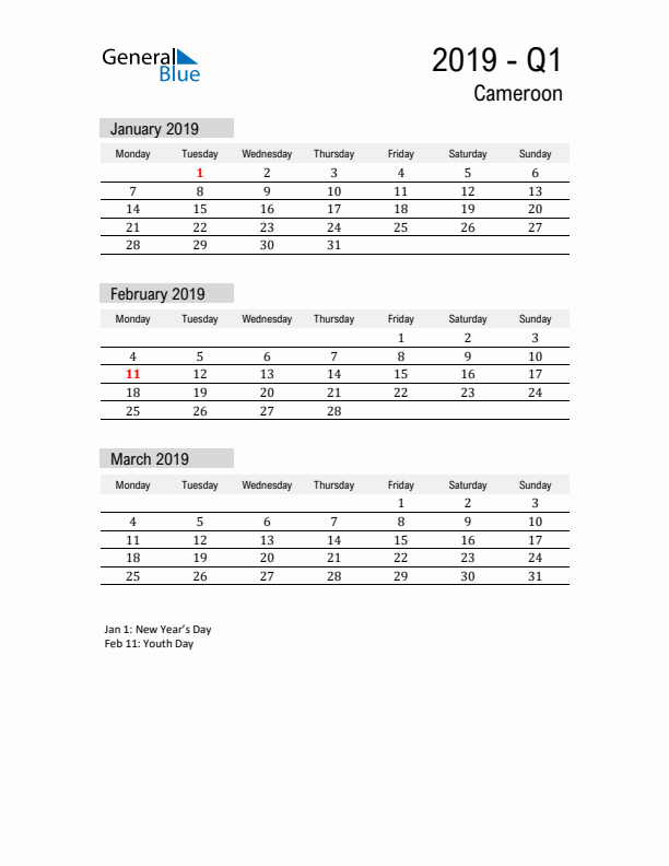 Cameroon Quarter 1 2019 Calendar with Holidays