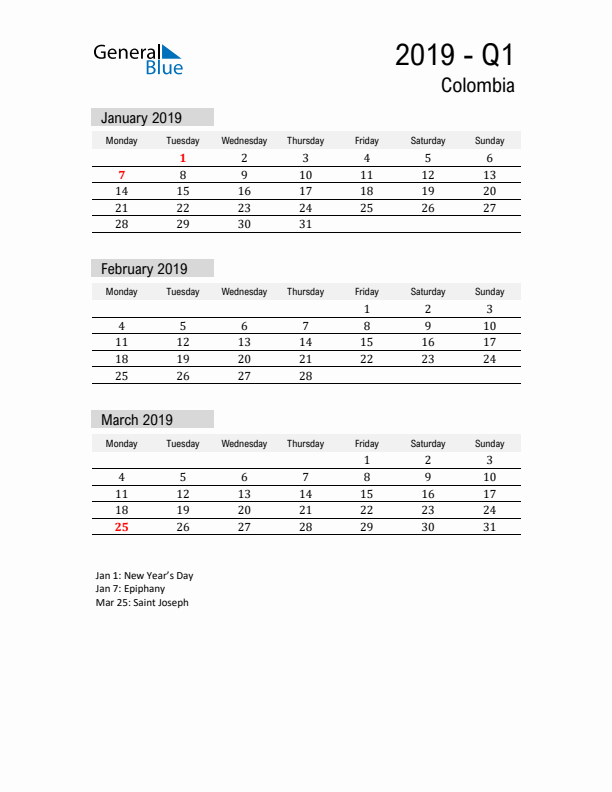 Colombia Quarter 1 2019 Calendar with Holidays