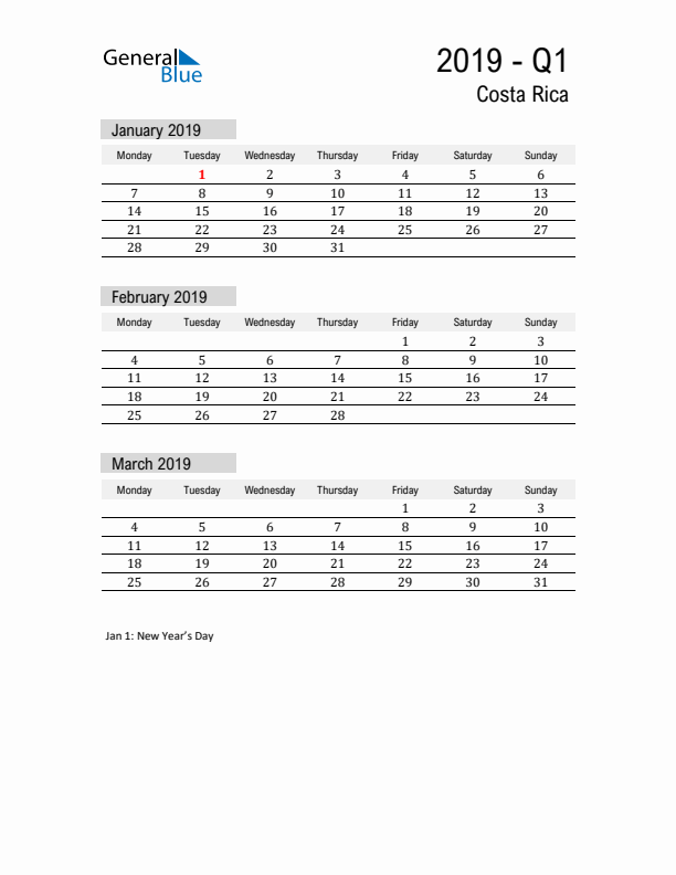 Costa Rica Quarter 1 2019 Calendar with Holidays