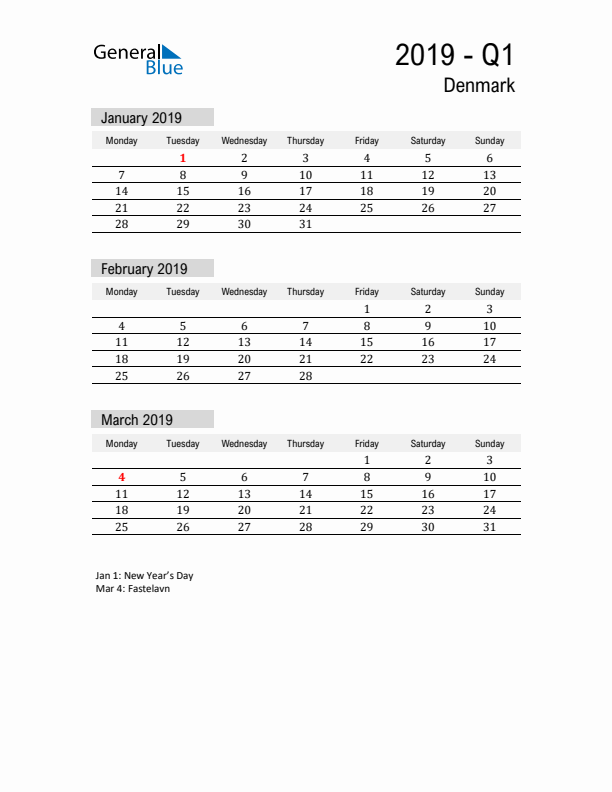 Denmark Quarter 1 2019 Calendar with Holidays