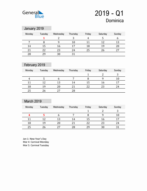 Dominica Quarter 1 2019 Calendar with Holidays