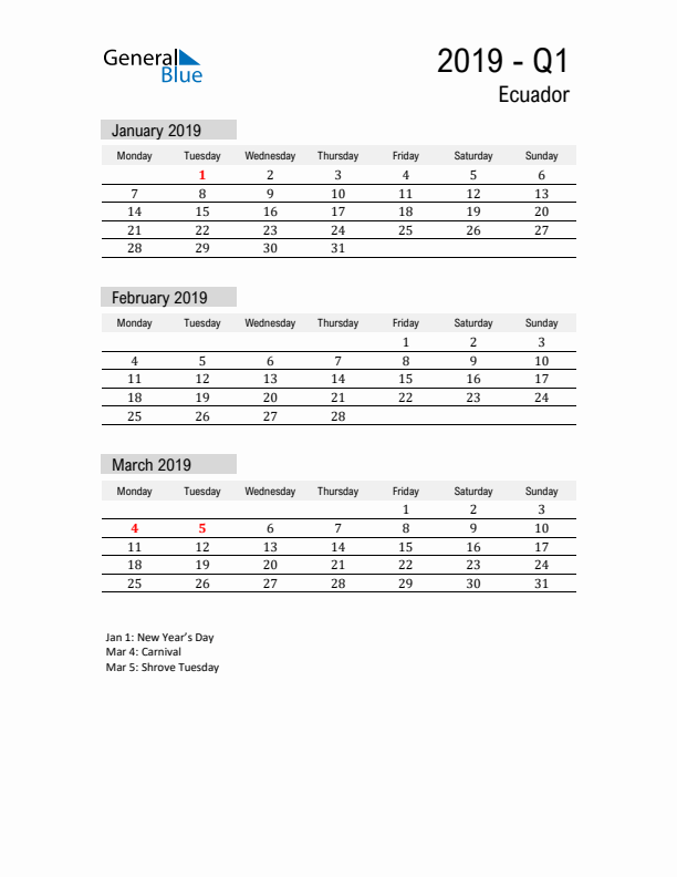 Ecuador Quarter 1 2019 Calendar with Holidays