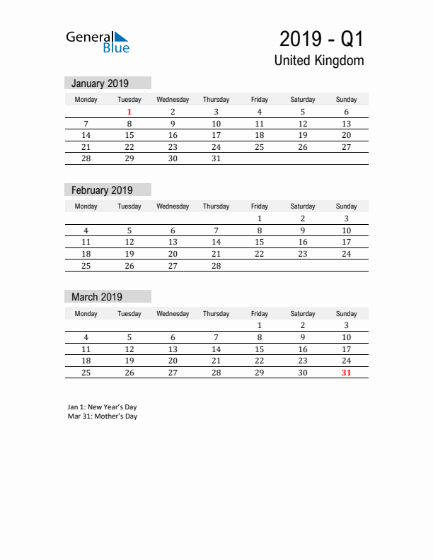 United Kingdom Quarter 1 2019 Calendar with Holidays