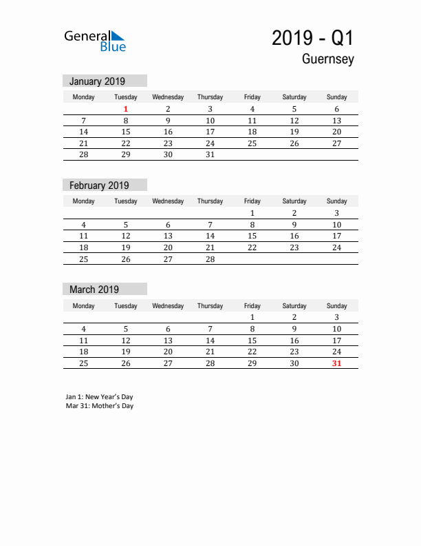 Guernsey Quarter 1 2019 Calendar with Holidays