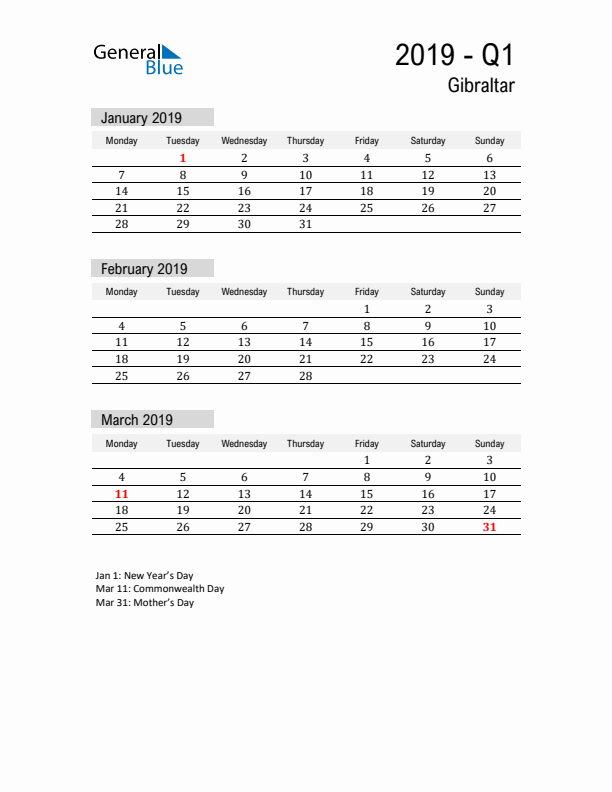 Gibraltar Quarter 1 2019 Calendar with Holidays