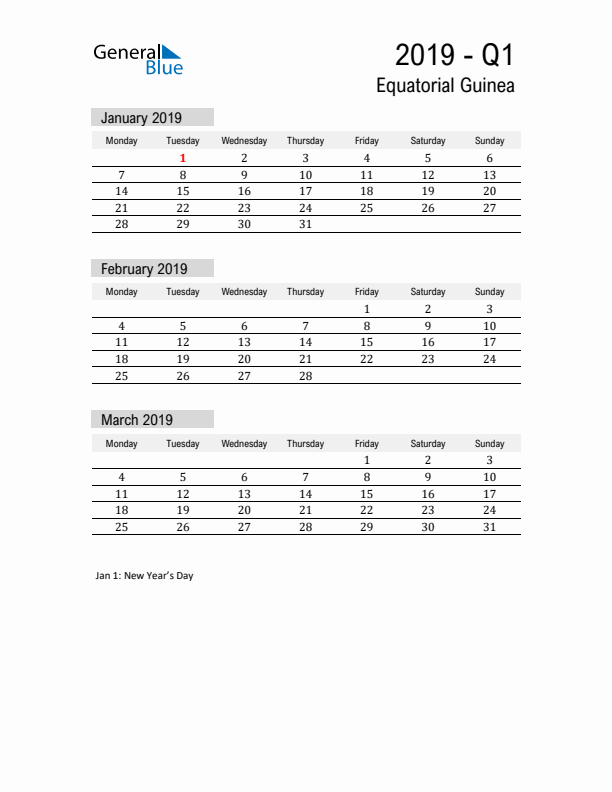 Equatorial Guinea Quarter 1 2019 Calendar with Holidays