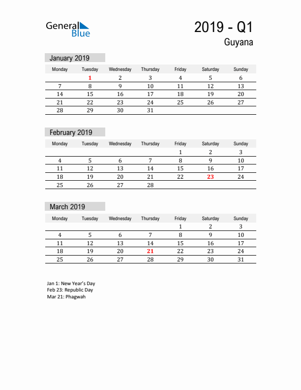 Guyana Quarter 1 2019 Calendar with Holidays