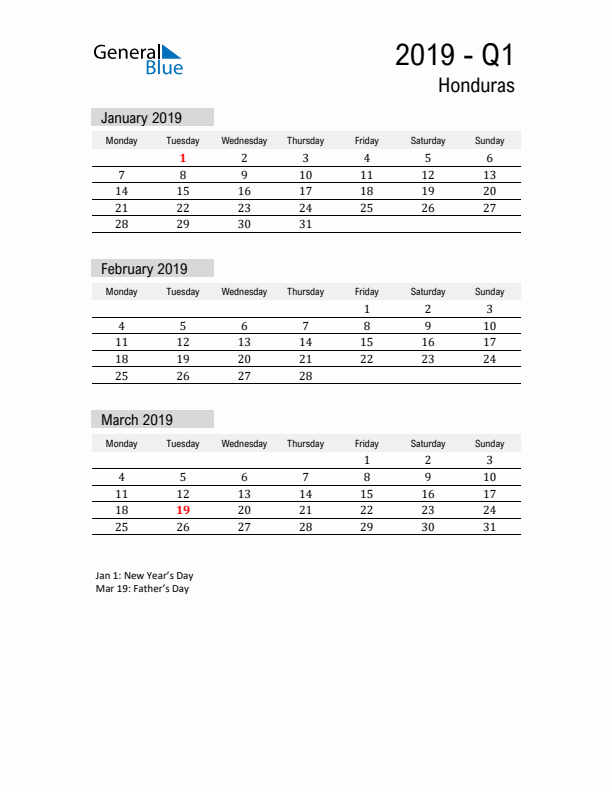 Honduras Quarter 1 2019 Calendar with Holidays