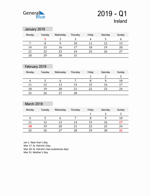 Ireland Quarter 1 2019 Calendar with Holidays