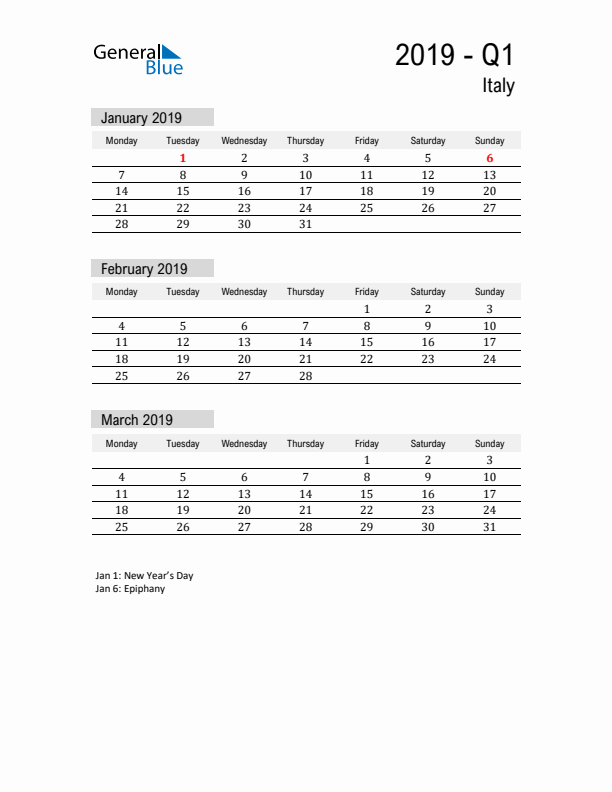 Italy Quarter 1 2019 Calendar with Holidays