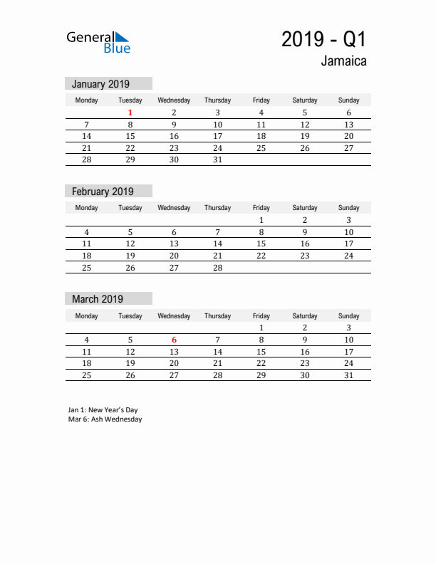 Jamaica Quarter 1 2019 Calendar with Holidays