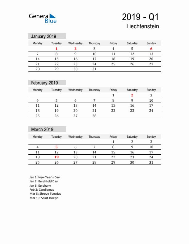 Liechtenstein Quarter 1 2019 Calendar with Holidays