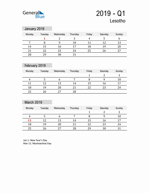 Lesotho Quarter 1 2019 Calendar with Holidays