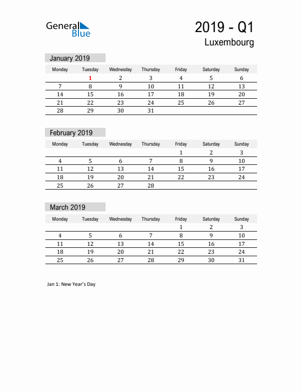 Luxembourg Quarter 1 2019 Calendar with Holidays