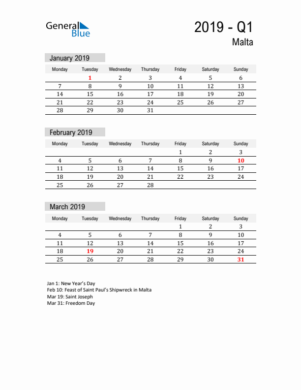 Malta Quarter 1 2019 Calendar with Holidays