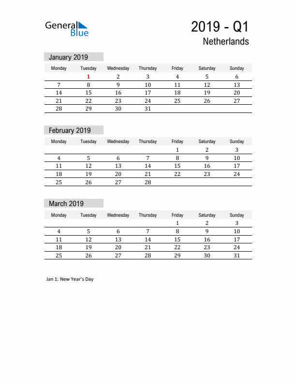 The Netherlands Quarter 1 2019 Calendar with Holidays