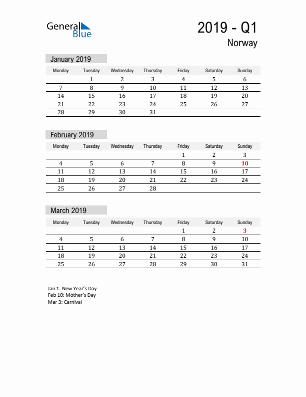 Norway Quarter 1 2019 Calendar with Holidays