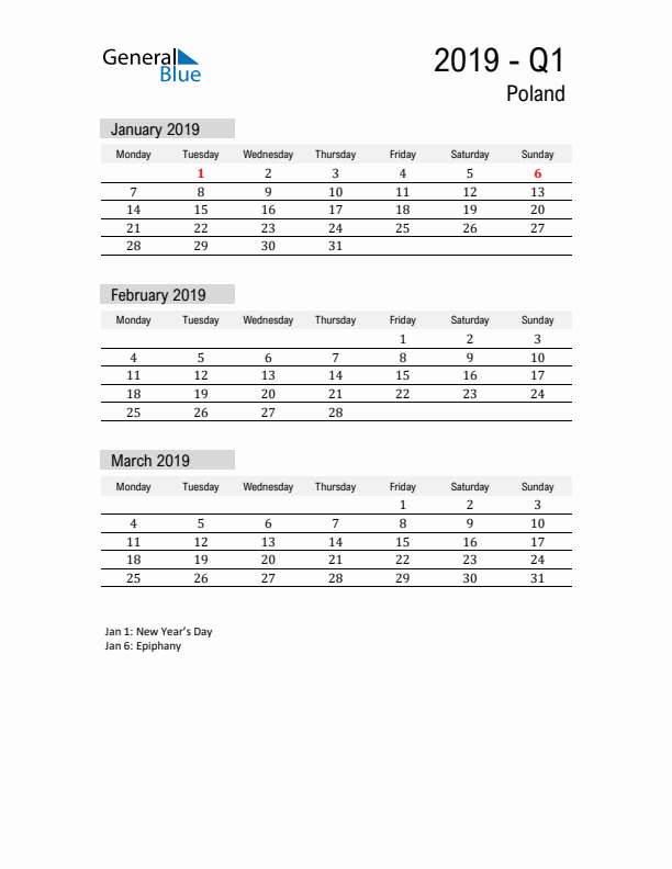 Poland Quarter 1 2019 Calendar with Holidays