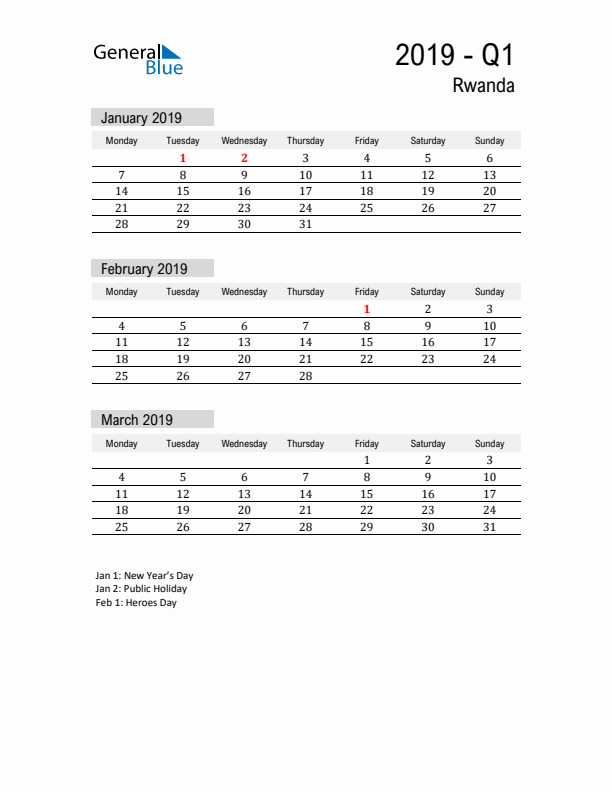 Rwanda Quarter 1 2019 Calendar with Holidays