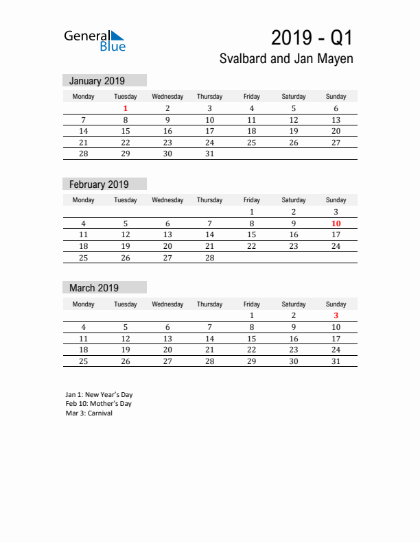 Svalbard and Jan Mayen Quarter 1 2019 Calendar with Holidays