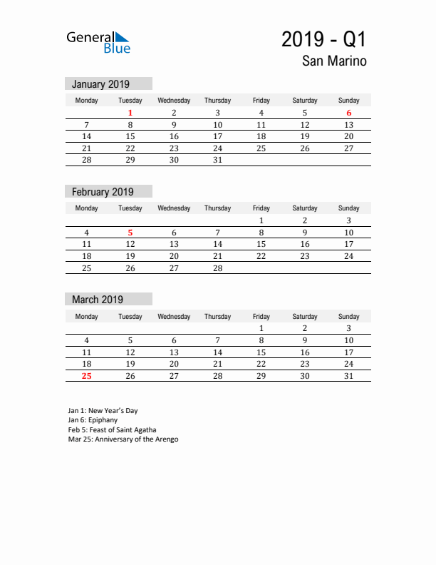 San Marino Quarter 1 2019 Calendar with Holidays