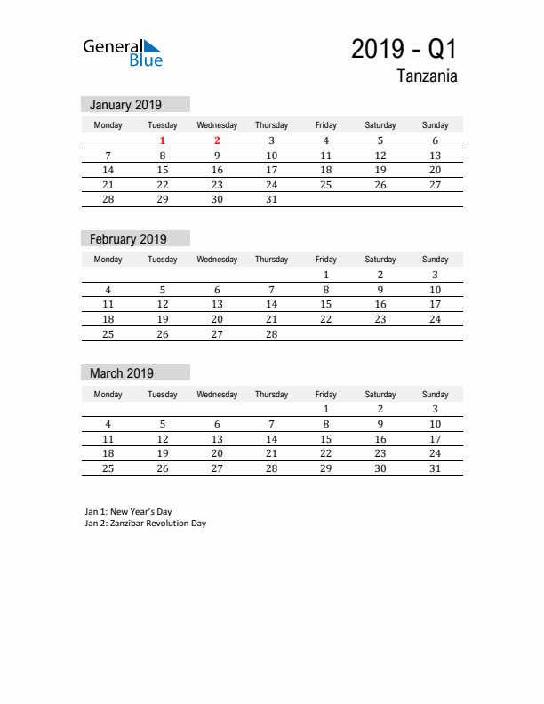 Tanzania Quarter 1 2019 Calendar with Holidays