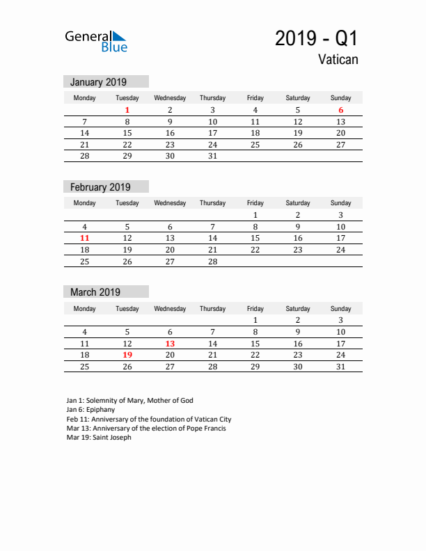 Vatican Quarter 1 2019 Calendar with Holidays