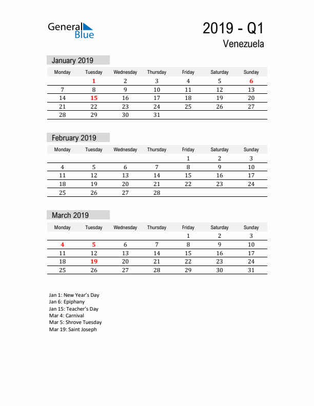 Venezuela Quarter 1 2019 Calendar with Holidays