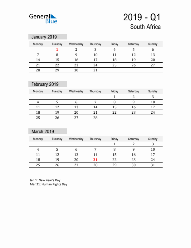 South Africa Quarter 1 2019 Calendar with Holidays