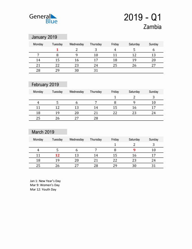 Zambia Quarter 1 2019 Calendar with Holidays