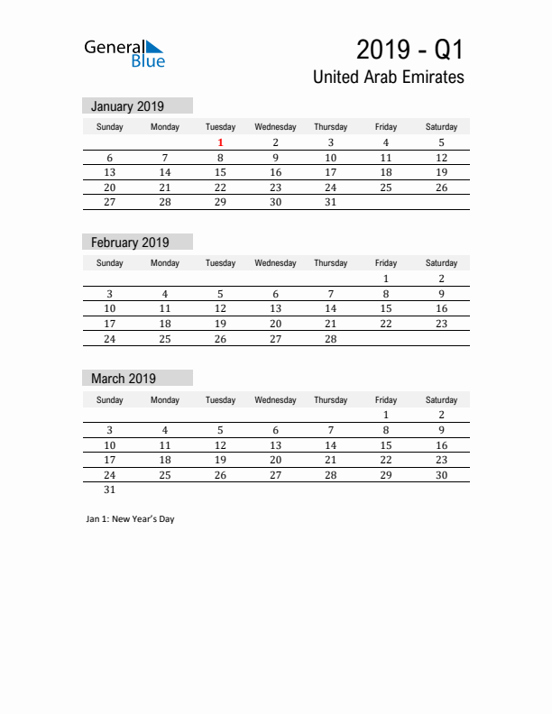 United Arab Emirates Quarter 1 2019 Calendar with Holidays