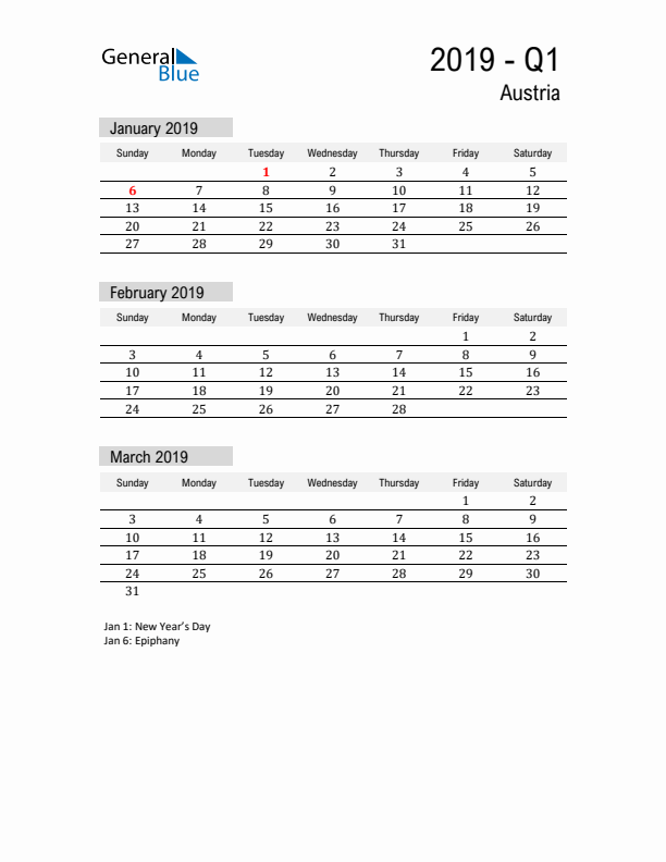 Austria Quarter 1 2019 Calendar with Holidays