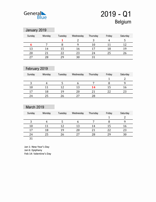 Belgium Quarter 1 2019 Calendar with Holidays