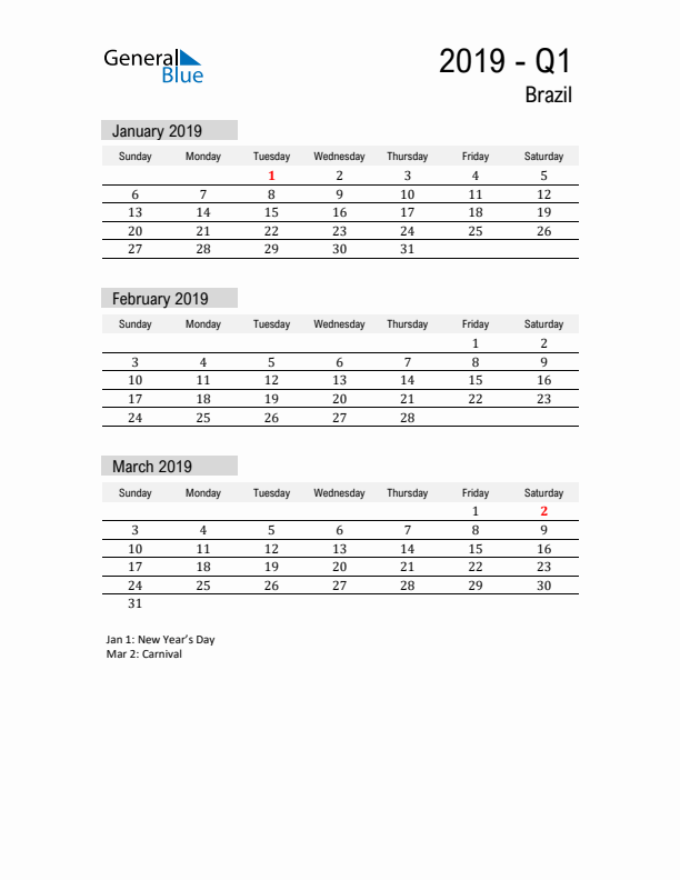 Brazil Quarter 1 2019 Calendar with Holidays