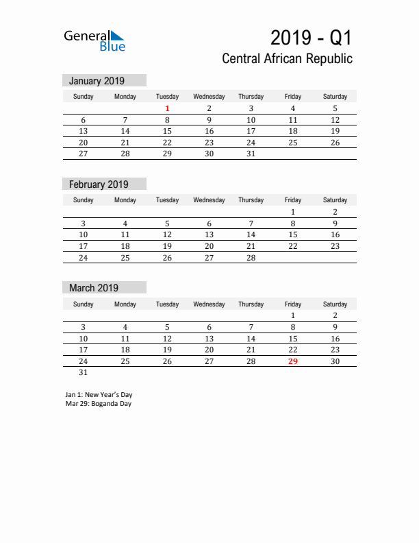 Central African Republic Quarter 1 2019 Calendar with Holidays