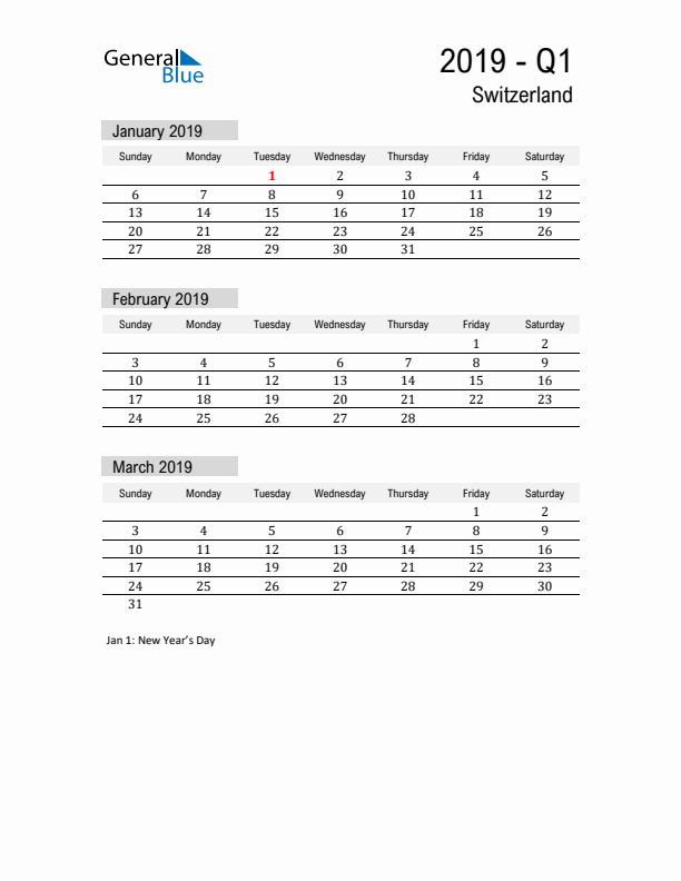 Switzerland Quarter 1 2019 Calendar with Holidays