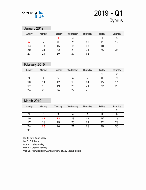 Cyprus Quarter 1 2019 Calendar with Holidays