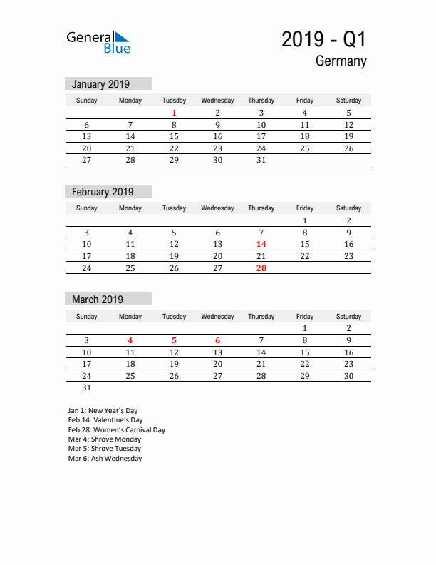 Germany Quarter 1 2019 Calendar with Holidays