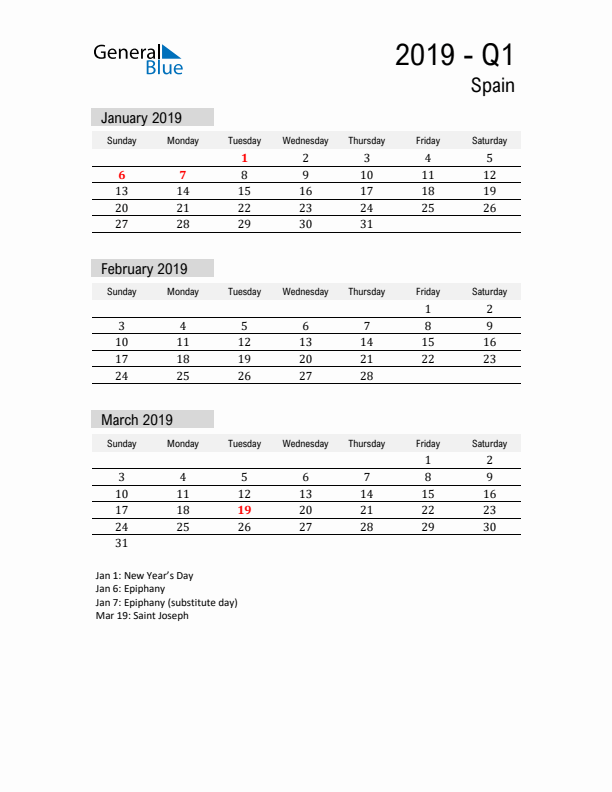 Spain Quarter 1 2019 Calendar with Holidays