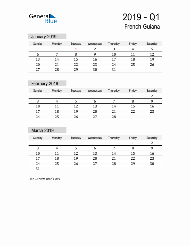 French Guiana Quarter 1 2019 Calendar with Holidays