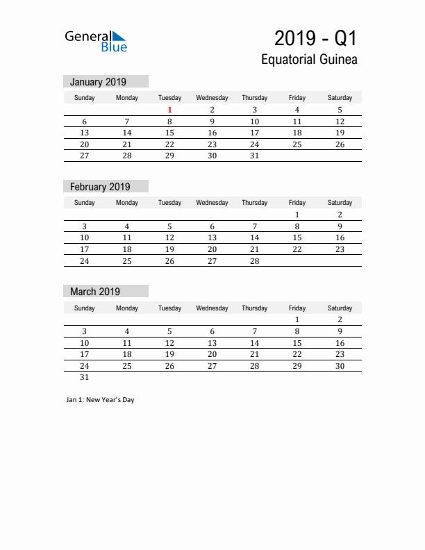 Equatorial Guinea Quarter 1 2019 Calendar with Holidays