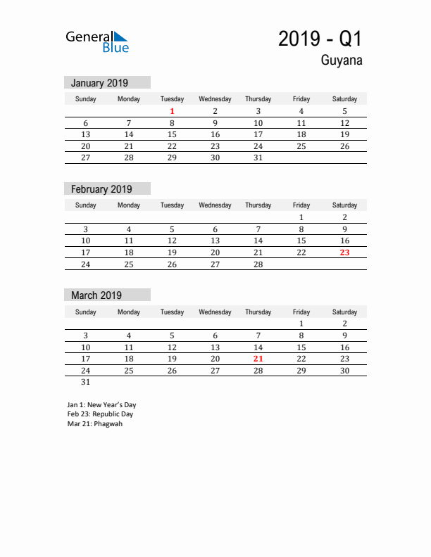 Guyana Quarter 1 2019 Calendar with Holidays