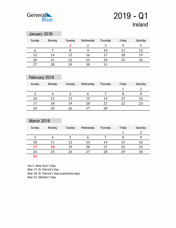 Ireland Quarter 1 2019 Calendar with Holidays